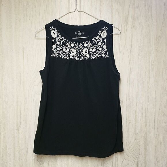 Talbots Black Floral Embroidered Tank Top Cotton Size MP - Picture 1 of 4